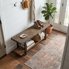 Entryway Bench, 48 in Wide, Natural Solid Wood with Metal Legs