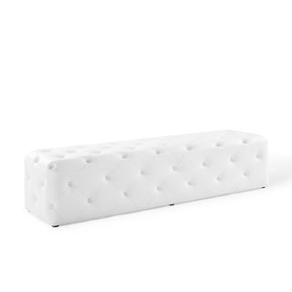 Entryway Bench, 48 In Wide, White Faux Leather with Block Feet