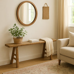 Entryway Bench, 50 in W, Brown Solid Wood