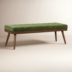Entryway Bench, 55 in Wide, Green Tufted Fabric with Mahogany Legs