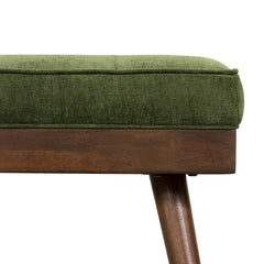 Entryway Bench, 55 in Wide, Green Tufted Fabric with Mahogany Legs