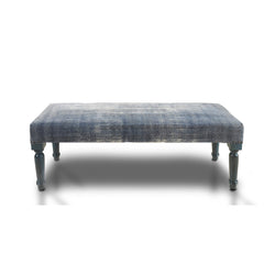 Entryway Bench, Blue Cotton Upholstery with Solid Wood Turned Legs