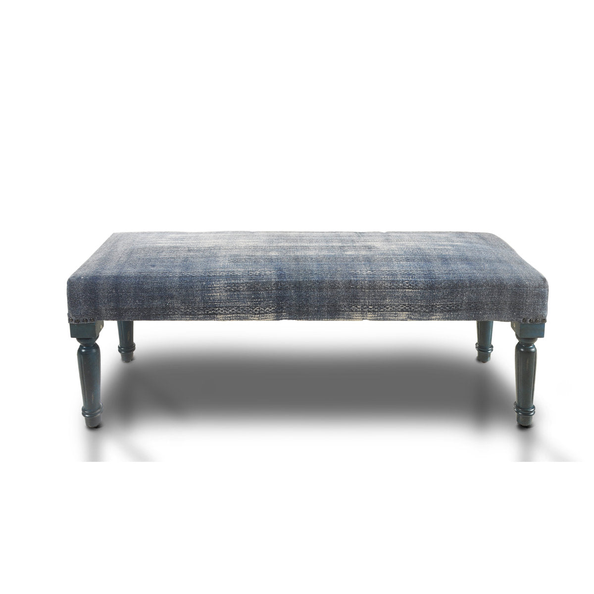 Entryway Bench, Blue Cotton Upholstery with Solid Wood Turned Legs