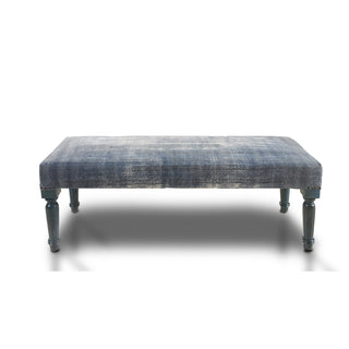 Entryway Bench, Blue Cotton Upholstery with Solid Wood Turned Legs