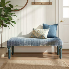 Entryway Bench, Blue Cotton Upholstery with Solid Wood Turned Legs