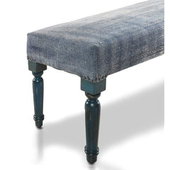 Entryway Bench, Blue Cotton Upholstery with Solid Wood Turned Legs