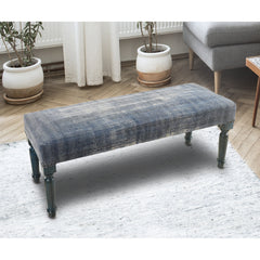 Entryway Bench, Blue Cotton Upholstery with Solid Wood Turned Legs
