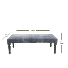 Entryway Bench, Blue Cotton Upholstery with Solid Wood Turned Legs