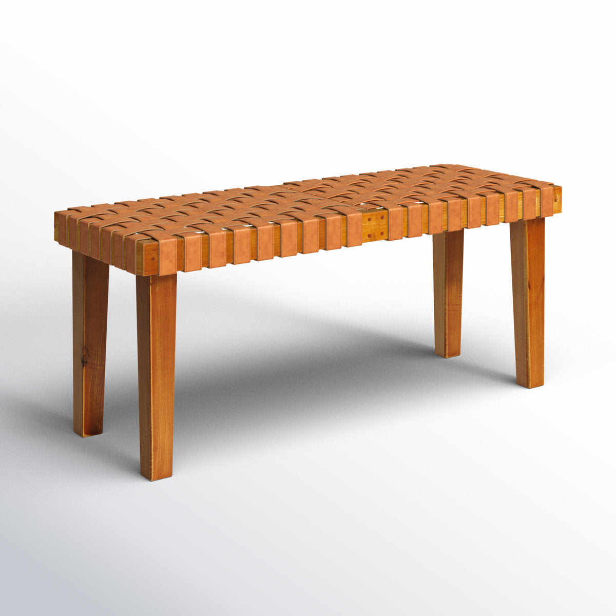 Entryway Bench, Brown Faux Leather with Solid Wood Legs