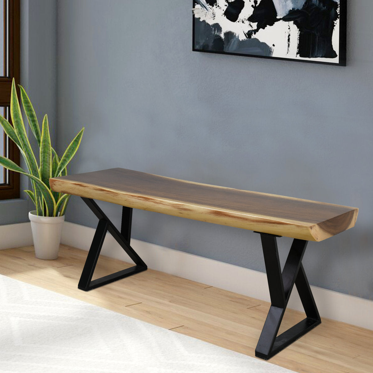 Entryway Bench, Brown Solid Wood with Black Metal Legs