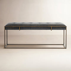 Entryway Bench, Ebony Genuine Leather with Iron Legs
