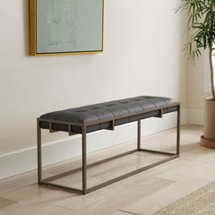 Entryway Bench, Ebony Genuine Leather with Iron Legs