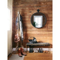 Entryway Bench, Ebony Genuine Leather with Iron Legs