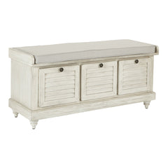 Entryway Bench, Gray Upholstery, White Wash Finish