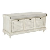 Entryway Bench, Gray Upholstery, White Wash Finish