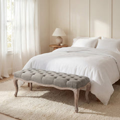 Entryway Bench, Sea Mist Linen with Oak Cabriole Legs