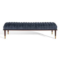 Entryway Bench, Seats 2, Dark Blue Velvet Upholstery, Solid Wood Legs