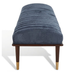 Entryway Bench, Seats 2, Dark Blue Velvet Upholstery, Solid Wood Legs