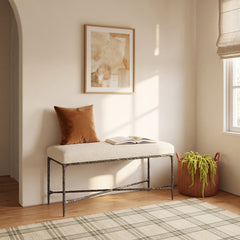 Entryway Bench, Seats 2, Ivory Boucle with Metal Legs