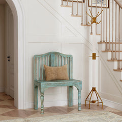 Entryway Bench, Solid Mango Wood with Slatted Back, Blue