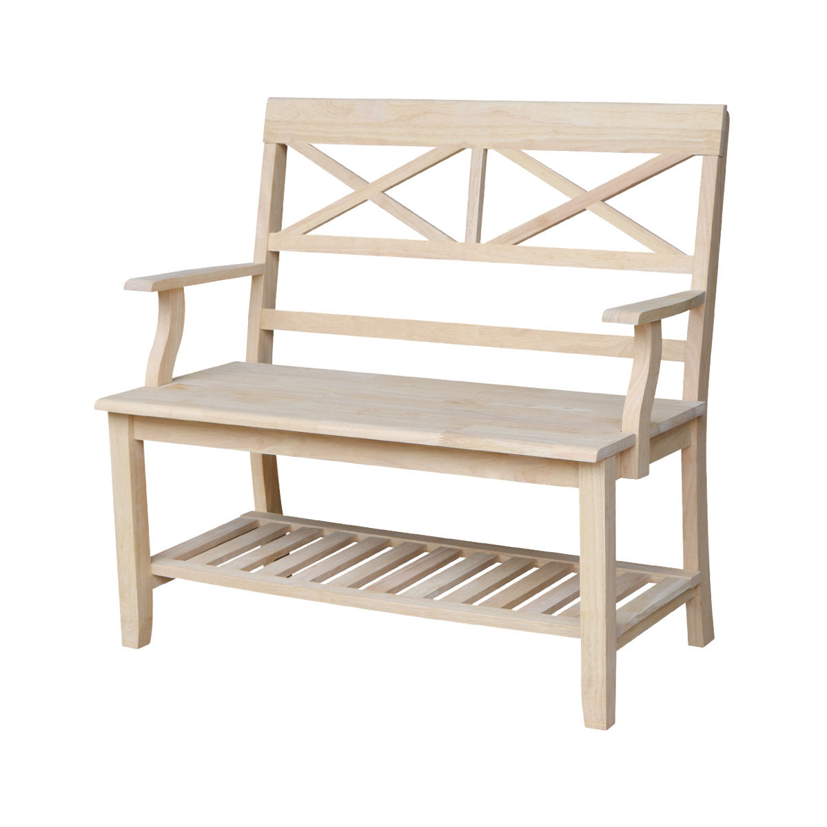 Entryway Bench, Solid Rubberwood with Back and Shelves, Unfinished