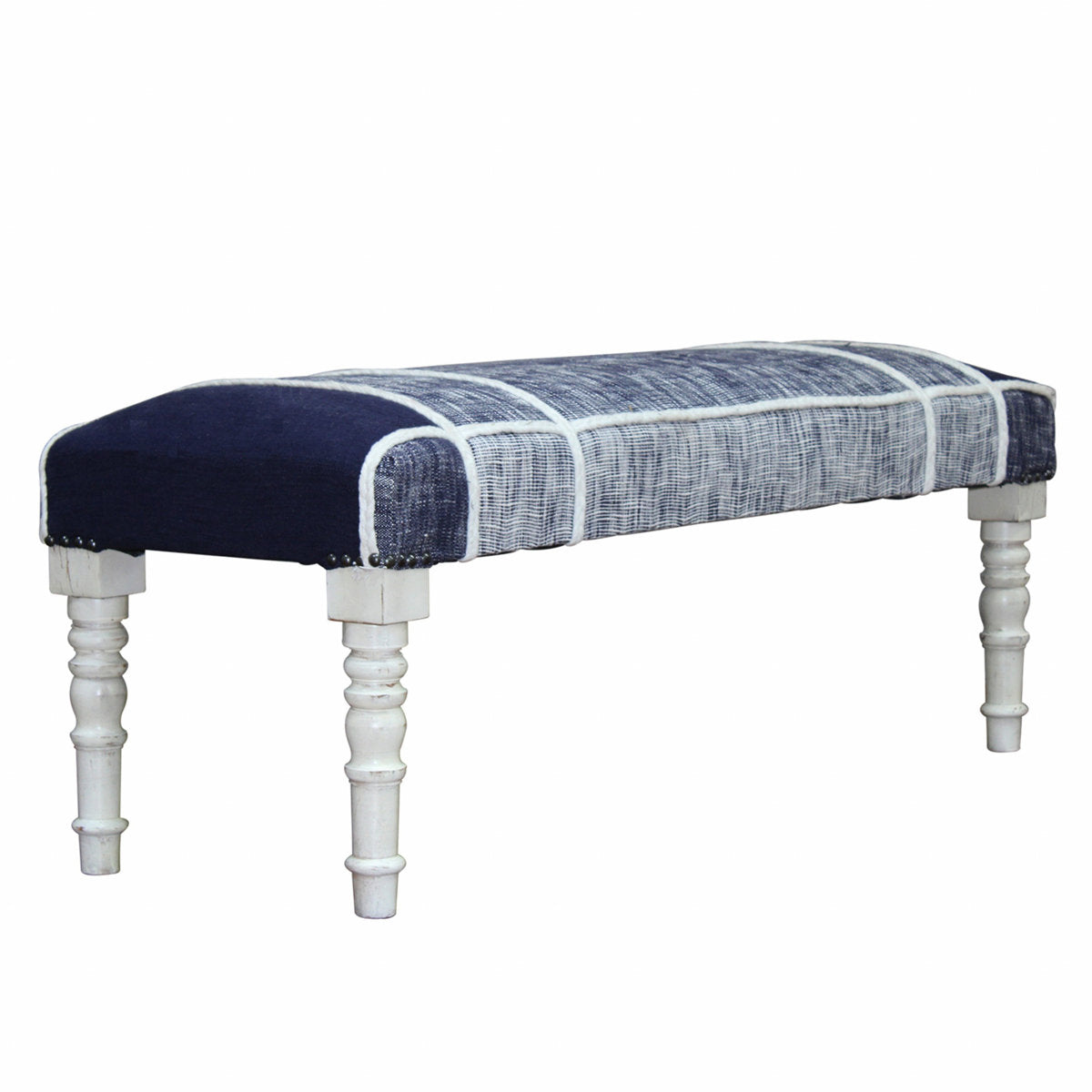 Entryway Bench, Solid Wood with Navy Blue Plaid Upholstery