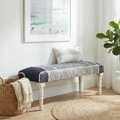 Entryway Bench, Solid Wood with Navy Blue Plaid Upholstery
