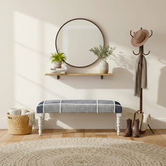 Entryway Bench, Solid Wood with Navy Blue Plaid Upholstery