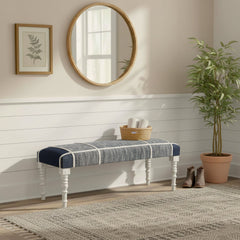 Entryway Bench, Solid Wood with Navy Blue Plaid Upholstery