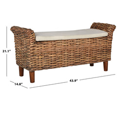 Entryway Bench, Upholstered Solid Wood with White Cushion and Brown Frame