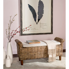 Entryway Bench, Upholstered Solid Wood with White Cushion and Brown Frame