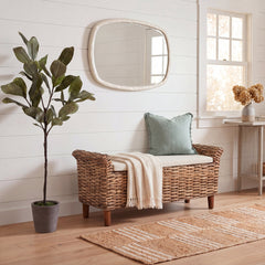 Entryway Bench, Upholstered Solid Wood with White Cushion and Brown Frame