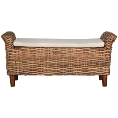 Entryway Bench, Upholstered Solid Wood with White Cushion and Brown Frame
