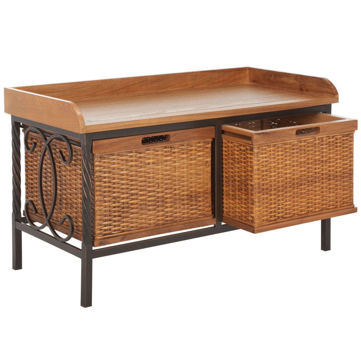 Entryway Bench with 2 Baskets in Medium Oak