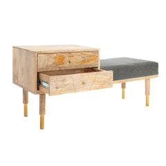 Entryway Bench with Drawers, Solid Wood, Gray Cotton Upholstery