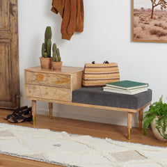 Entryway Bench with Drawers, Solid Wood, Gray Cotton Upholstery