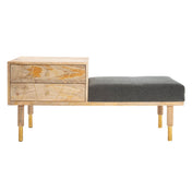 Entryway Bench with Drawers, Solid Wood, Gray Cotton Upholstery