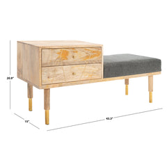 Entryway Bench with Drawers, Solid Wood, Gray Cotton Upholstery