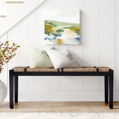 Entryway Bench with Seagrass Top and Solid Wood Frame, Brown and Black