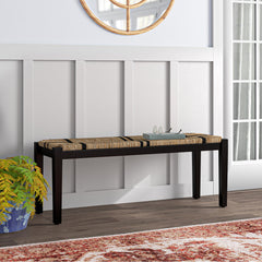 Entryway Bench with Seagrass Top and Solid Wood Frame, Brown and Black