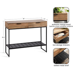 Entryway Console Table with Drawers in Brown Wood and Metal
