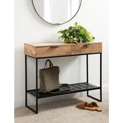 Entryway Console Table with Drawers in Brown Wood and Metal