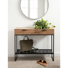 Entryway Console Table with Drawers in Brown Wood and Metal