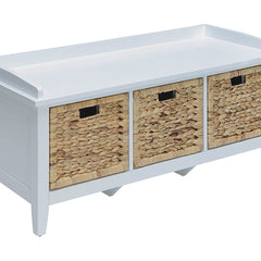 Entryway Storage Bench, 3 Drawers, White with Rattan Baskets