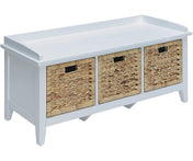 Entryway Storage Bench, 3 Drawers, White with Rattan Baskets