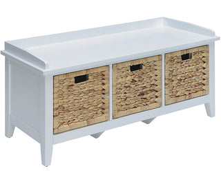 Entryway Storage Bench, 3 Drawers, White with Rattan Baskets