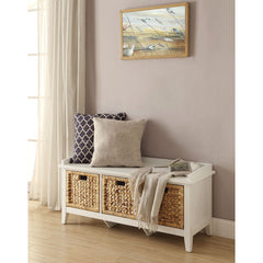 Entryway Storage Bench, 3 Drawers, White with Rattan Baskets