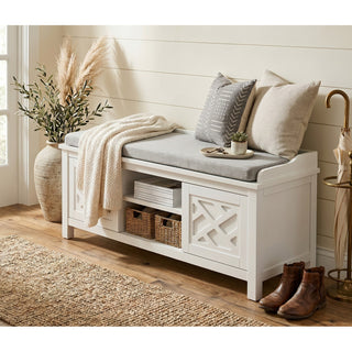 Entryway Storage Bench, 45 In, White with Cushion