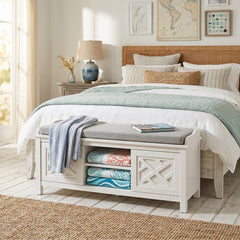 Entryway Storage Bench, 45 In, White with Cushion