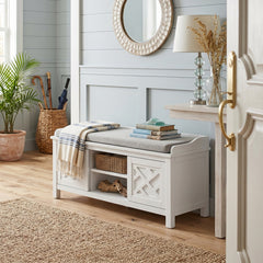 Entryway Storage Bench, 45 In, White with Cushion